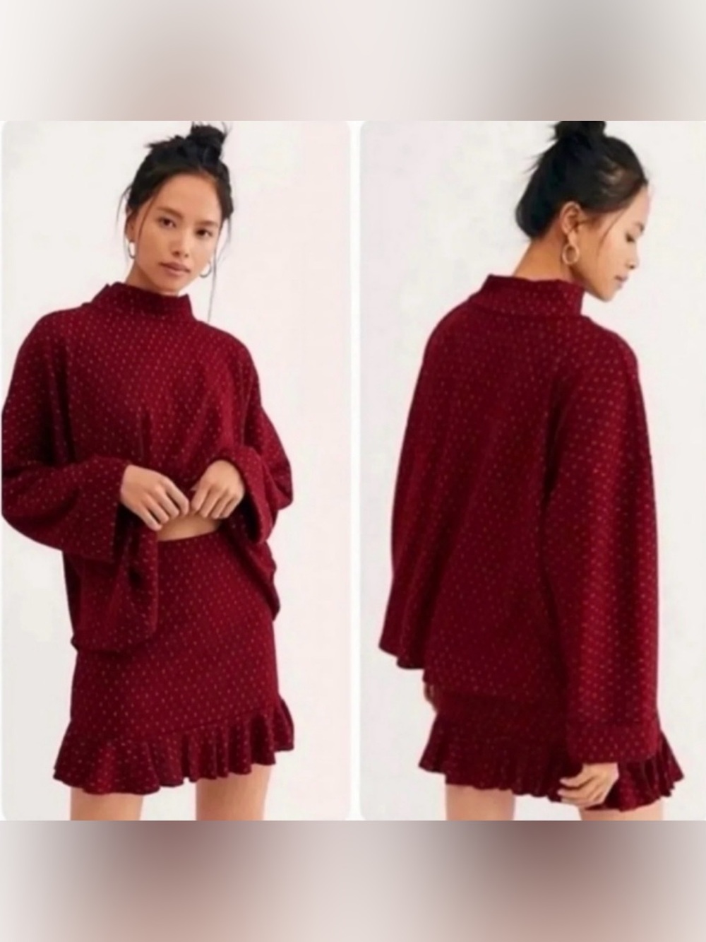 Free People Set The Mood Knit Sweater Skirt Set M Burgundy Maroon Two Piece